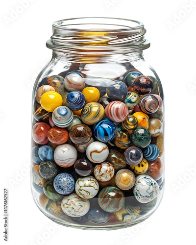 Marbles Filling a Clear Glass Jar Close Up on White or Transparent
