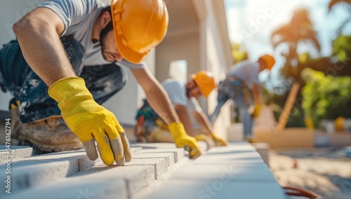 Construction Workers Laying Bricks: Teamwork and Precision in Building a New Structure