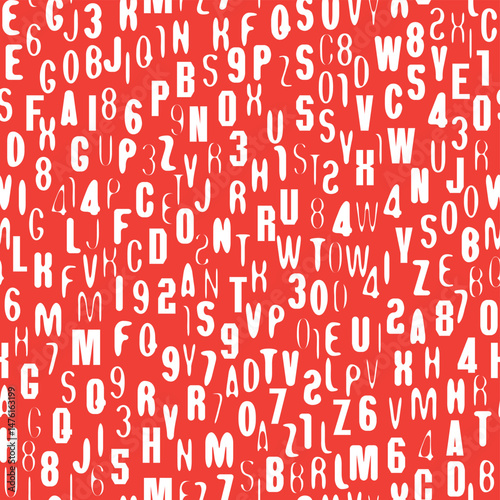 Hand drawn seamless pattern with a font consisting of dots. On the theme of matrix print, computer games, digital technology, pixels. A set of letters and numbers of an  alphabet. No AI is used