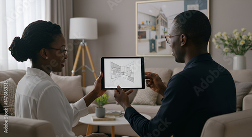 A black woman and man, dressed in casual business attire, review a digital kitchen design on a tablet in a light-filled living room. Couple discussing interior design ideas at home.