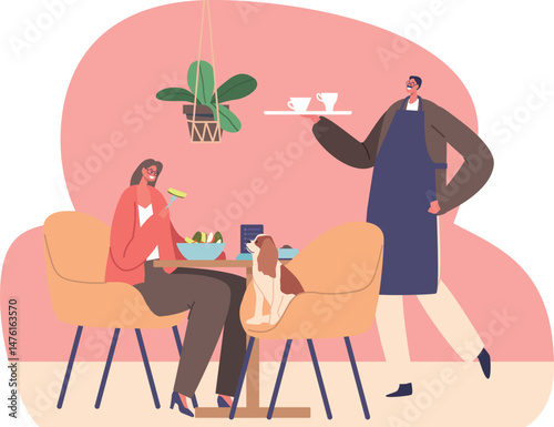 Service at pet-friendly cafe vector illustration