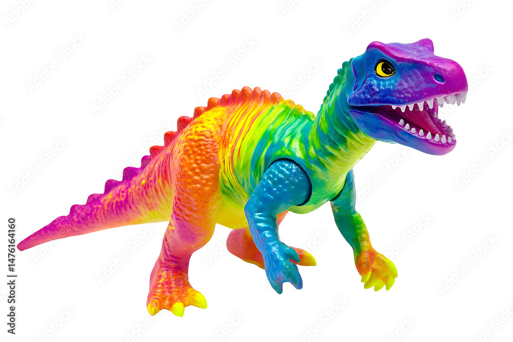 Fototapeta premium Colorful Dinosaur Toy Roaring on White or Transparent Backdrop in Studio Setting