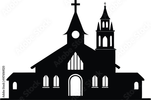Christian church with cross silhouette vector, Christian church silhouette