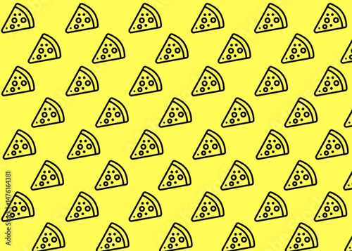 A pizza illustration pattern with yellow background, food packaging, menu illustration hand drawn print ads, food business, restaurant