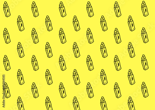 a baguette illustration pattern with yellow background, food packaging, menu illustration hand drawn print ads, food business, bakery