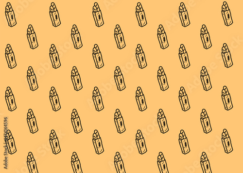 A baguette illustration pattern with brown background, food packaging, menu illustration hand drawn print ads, food business, bakery