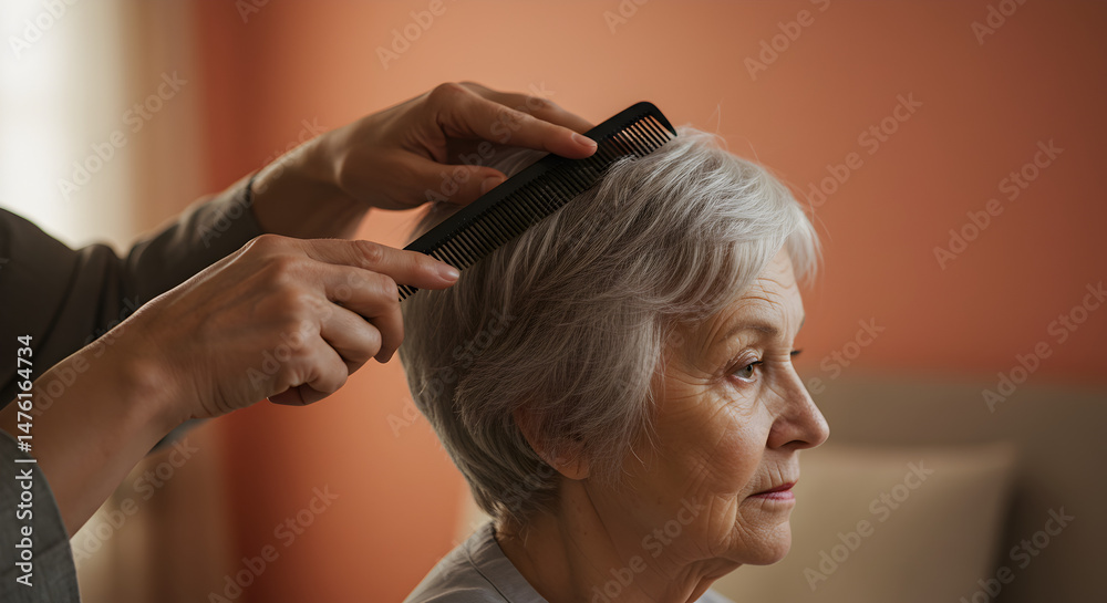 Naklejka premium Gentle Caregiver Combing Silver Hair of Serene Elderly Woman in Soft Ambient Light Using a 50mm Lens