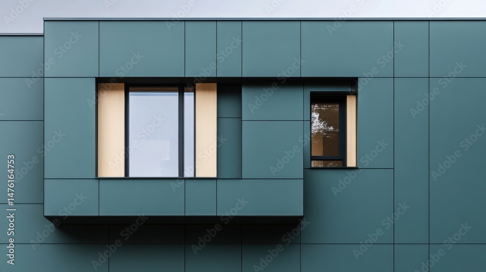 Fototapeta premium Modern teal building facade with two windows architectural detail exterior design close up symmetrical composition urban landscape