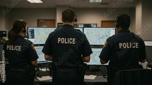 Three Uniformed Male Officers Working Together in a Police Dispatch Center, Using Headsets in Front of Multiple Computer Screens Displaying Maps and Alerts