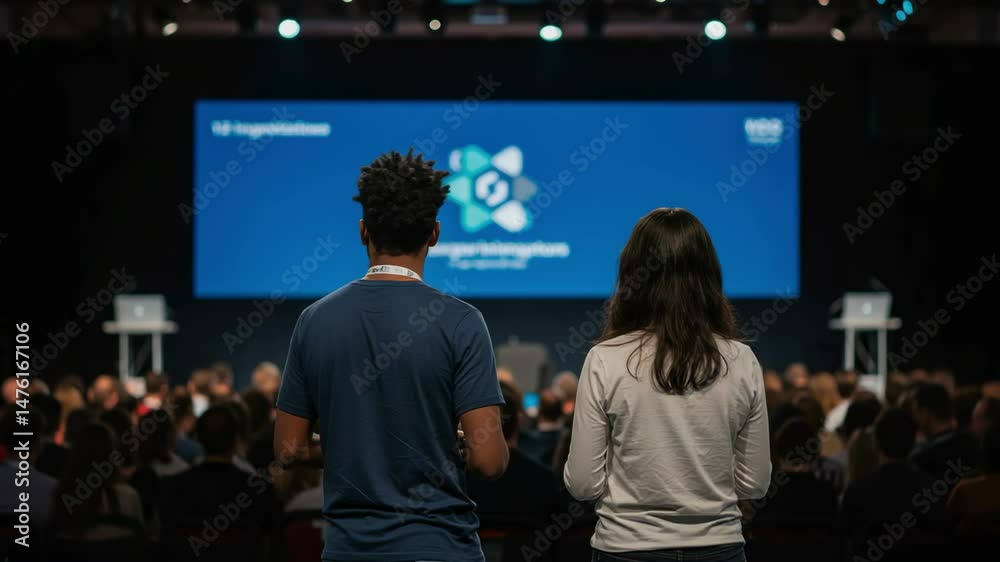 Diverse Young Adults Engage at a Conference: A Male and Female Attendee Observing a Presentation in an Auditorium with a Large Audience Diverse Young Adults Engage at a Conference: A Male and Female Attendee Observing a Presentation in an Auditorium with a Large Audience