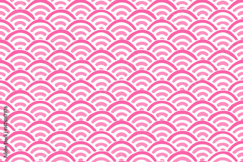 Hand drawn pink wave pattern background, cute Japanese pattern wallpaper, seamless vector material/手描き風の青海波の背景、かわいい日本の和柄模様、ピンク色