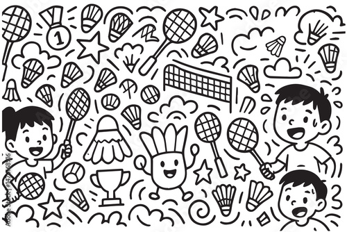 A simple black and white vector background features badminton doodles, including rackets, shuttlecocks, and players, drawn in a fun and minimal sketch style.