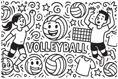 A volleyball themed doodle vector background in black and white includes sketches of athletes, balls, and action symbols in a lively, informal composition.