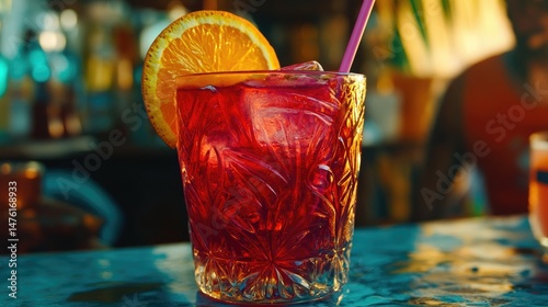 Close-up of a vibrant red cocktail served in a clear glass filled with ice, topped with a dried orange slice and two black straws.