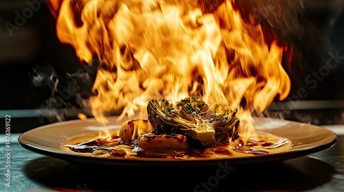 A beautifully plated dish featuring a dome of intricately shaped, toasted meringue or pastry, sitting atop a glossy, caramelized sauce.