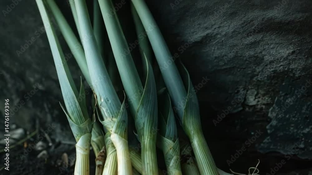 This image showcases freshly harvested green onions with visible roots, resting on dark soil. Ideal for food, agriculture, and health-related projects.