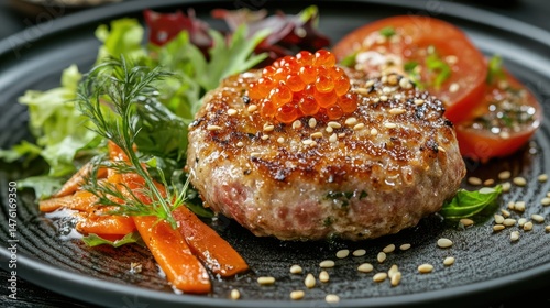 A close-up of a white plate featuring slices of seared tuna, crusted with black and white sesame seeds.