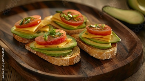 Three slices of toasted bread topped with creamy avocado slices and halved cherry tomatoes are arranged on a wooden platter.