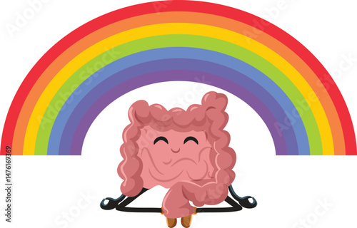 Happy Intestine Sitting Under a Rainbow Vector Cartoon. Cheerful gut character feeling positive and joyful 

