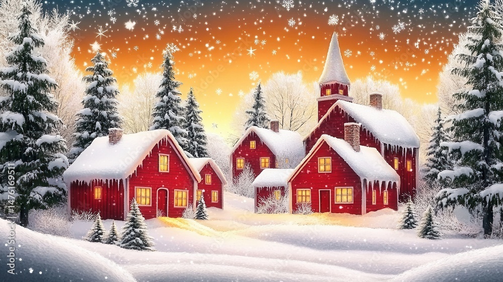 Fototapeta premium Winter Wonderland Cozy Red Houses in Snowy Forest