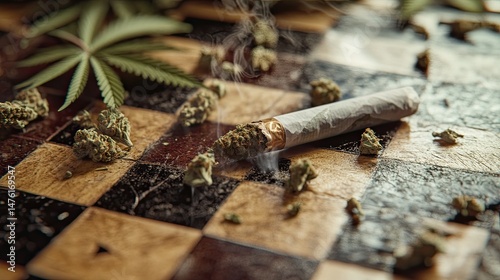 A close-up image of a chessboard surface scattered with cannabis buds and ground marijuana.