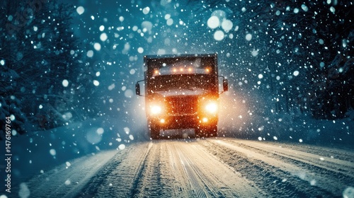 An RV and a red car are traveling on a snow-covered road surrounded by tall, snow-laden evergreen trees.