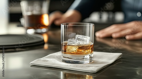 A crystal-cut glass contains a dark amber drink, filled with several ice cubes, sitting atop a white napkin.