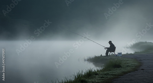 Solitary fisherman serene misty morning peaceful lake angling tranquility nature beauty
