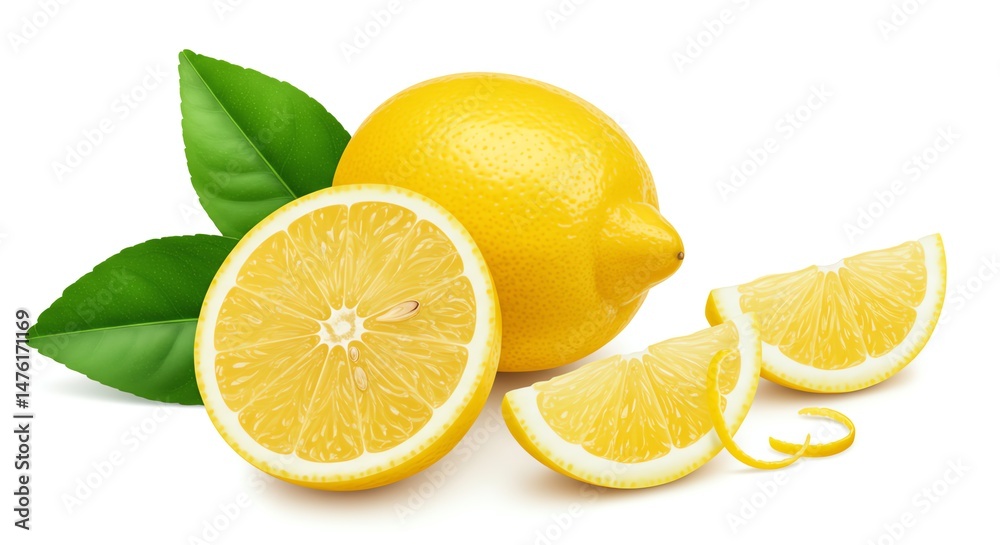 Fototapeta premium Lemon Fruit with Slice and Leaf