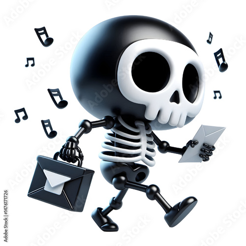 BLACK Cute 3d skeleton walk and holding a mail message isolated on white background