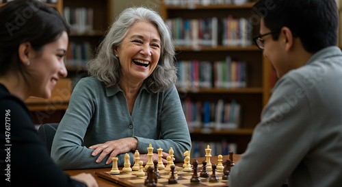 Joyful chess game laughter fills the library air happy moments shared