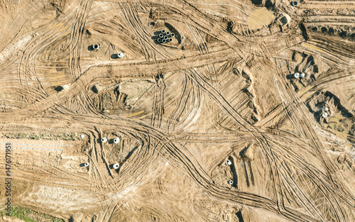 construction site. land surface texture background. drainage system installation. aerial top view.