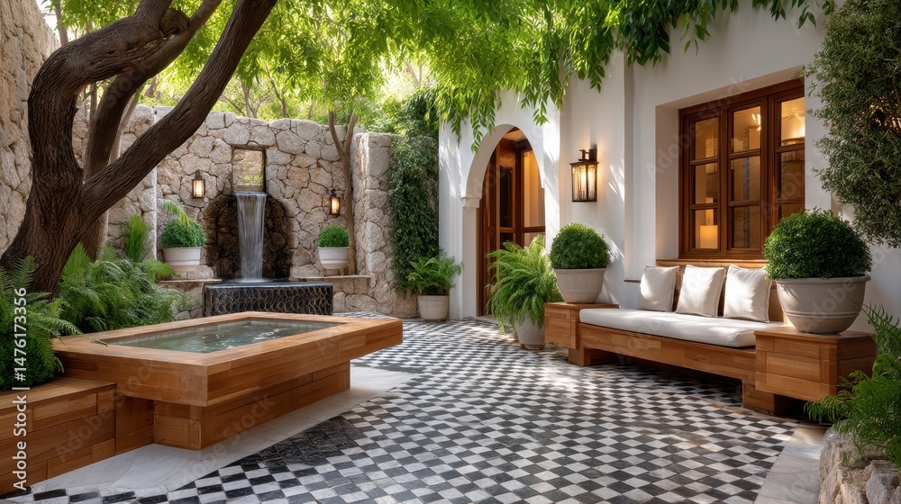 Fototapeta premium Serene Courtyard Oasis Wooden Hot Tub Checkered Patio and Tranquil Waterfall