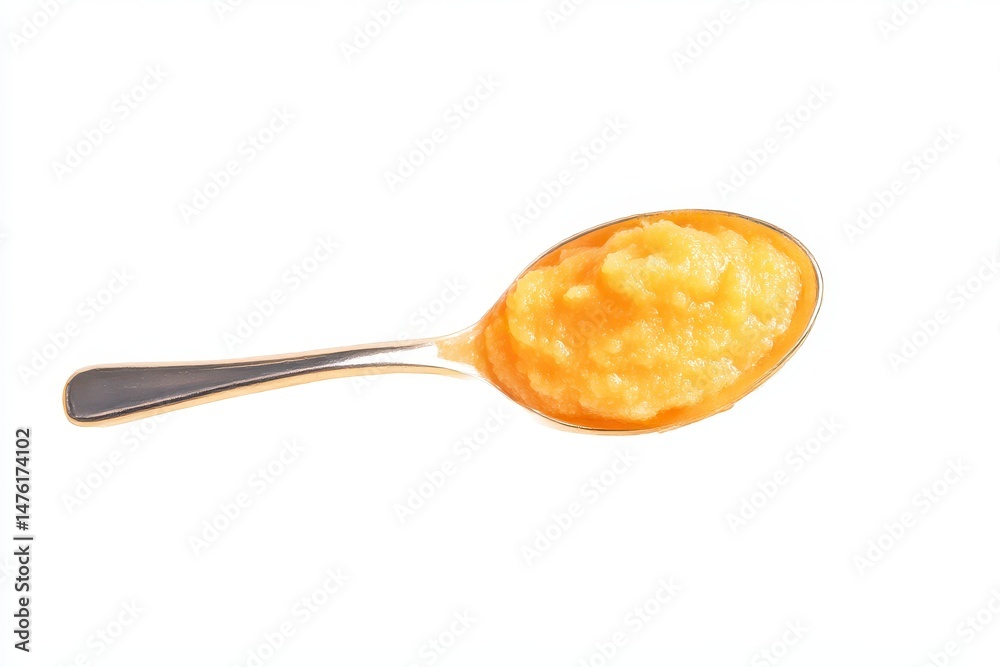 Baby food. Tasty puree in spoon isolated on white
