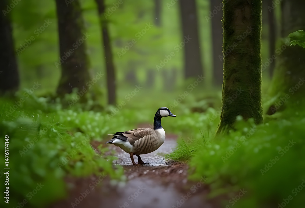 Obraz premium Goose standing in lush green forest path