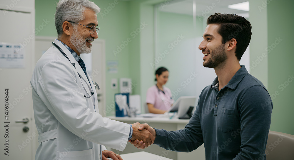 Obraz premium Seasoned Doctor in White Coat Firmly Shakes Hand with Young Male Patient Smiling Genuinely in Bright Hospital Clinic
