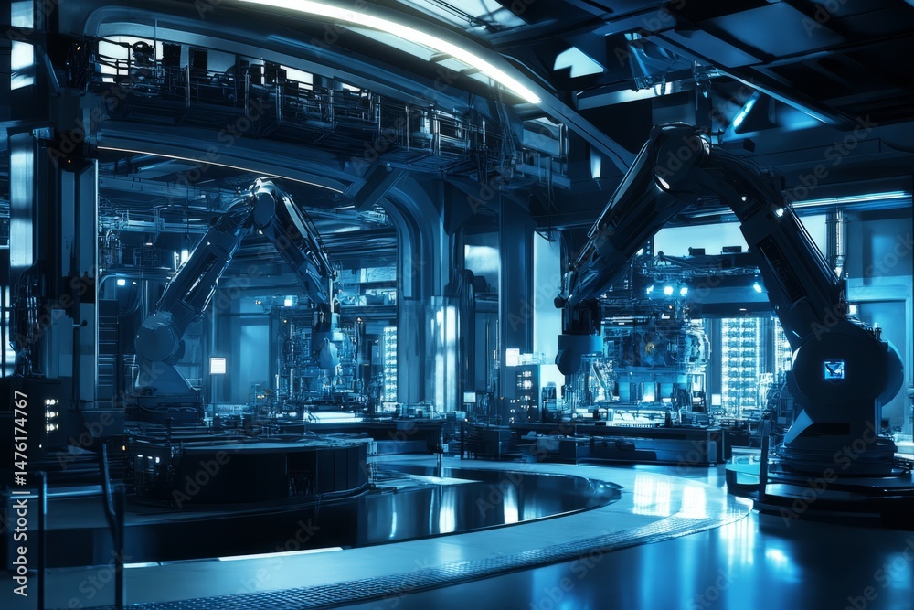 Fototapeta premium Orange robotic arms working on an assembly line inside a modern factory