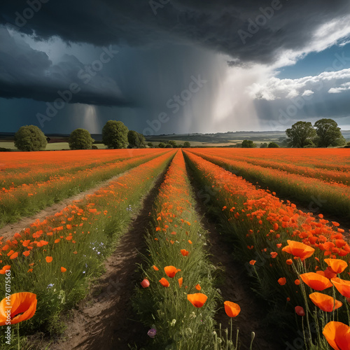 Amazing scene with the sun breaching storm clouds on a rainy day in a poppy field