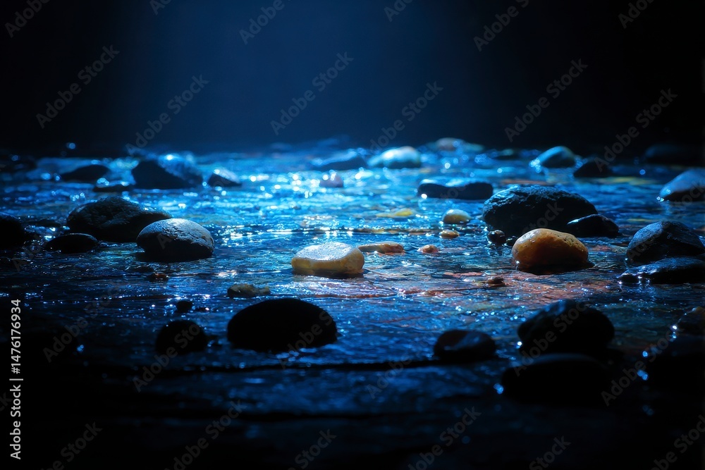 Blue spotlight on wet rock floor with stones in dark background