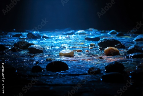 Obraz na płótnie Blue spotlight on wet rock floor with stones in dark background w salonie