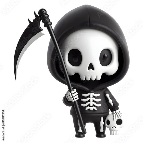 BLACK Cute 3d skeleton wearing a hoodie and holding a scythe isolated on white background