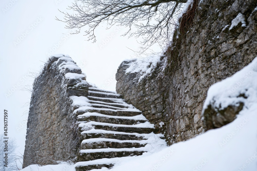 Snow-covered stone steps and wall of a ruined castle