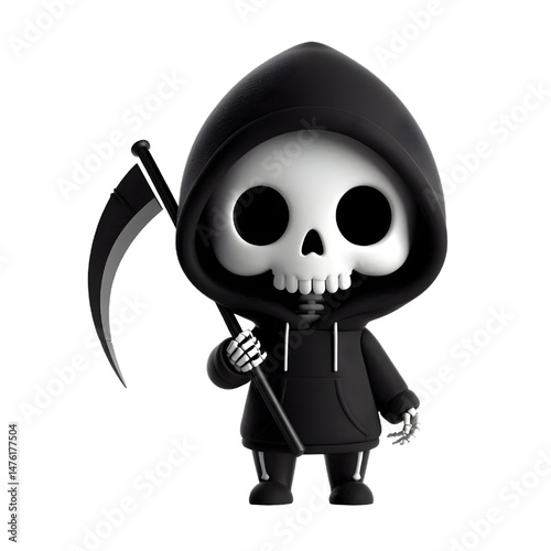 BLACK Cute 3d skeleton wearing a hoodie and holding a scythe isolated on white background