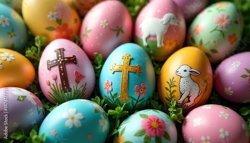 A colorful array of Easter eggs decorated with Christian symbols, including crosses and lambs , lamb, faith, artwork