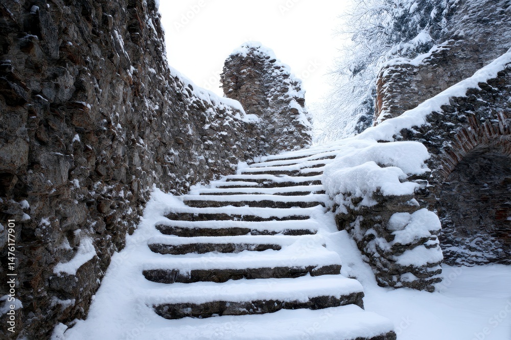 Snow-covered stone steps and wall of a ruined castle