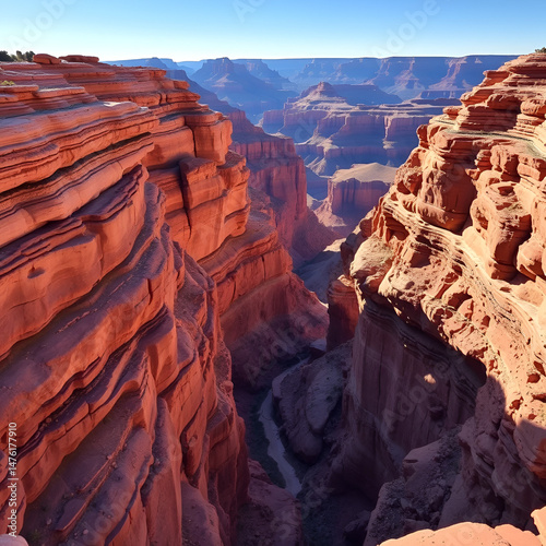 rocky canyon with layered red sandstone, midday shadows, Grand Canyon vibes