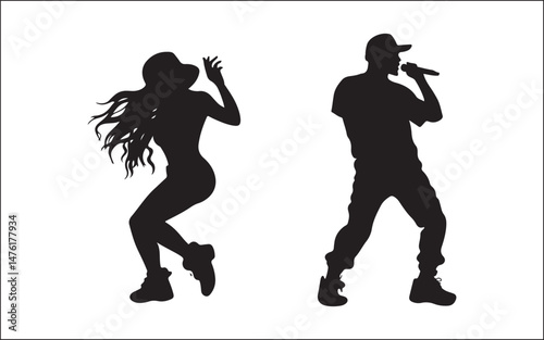 silhouettes of dancing girls microphone musician, silhouette, vector, microphone, drummer, group, music, disco, man, rock music, people, music festival