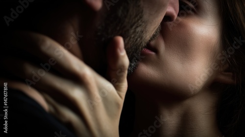 Passion between lovers. A woman tenderly kissing a man. Stubble