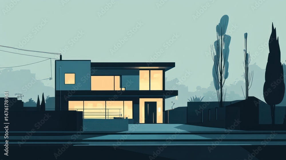 Naklejka premium Modern home design illustration at twilight.