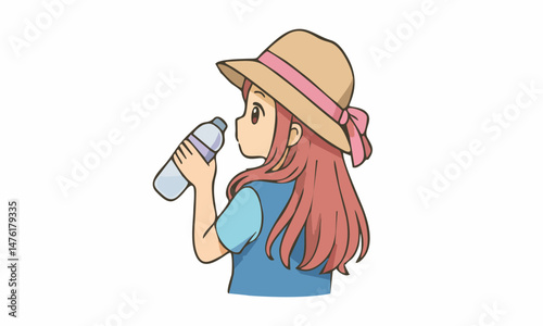 cute woman drinking water from a bottle cartoon illustration